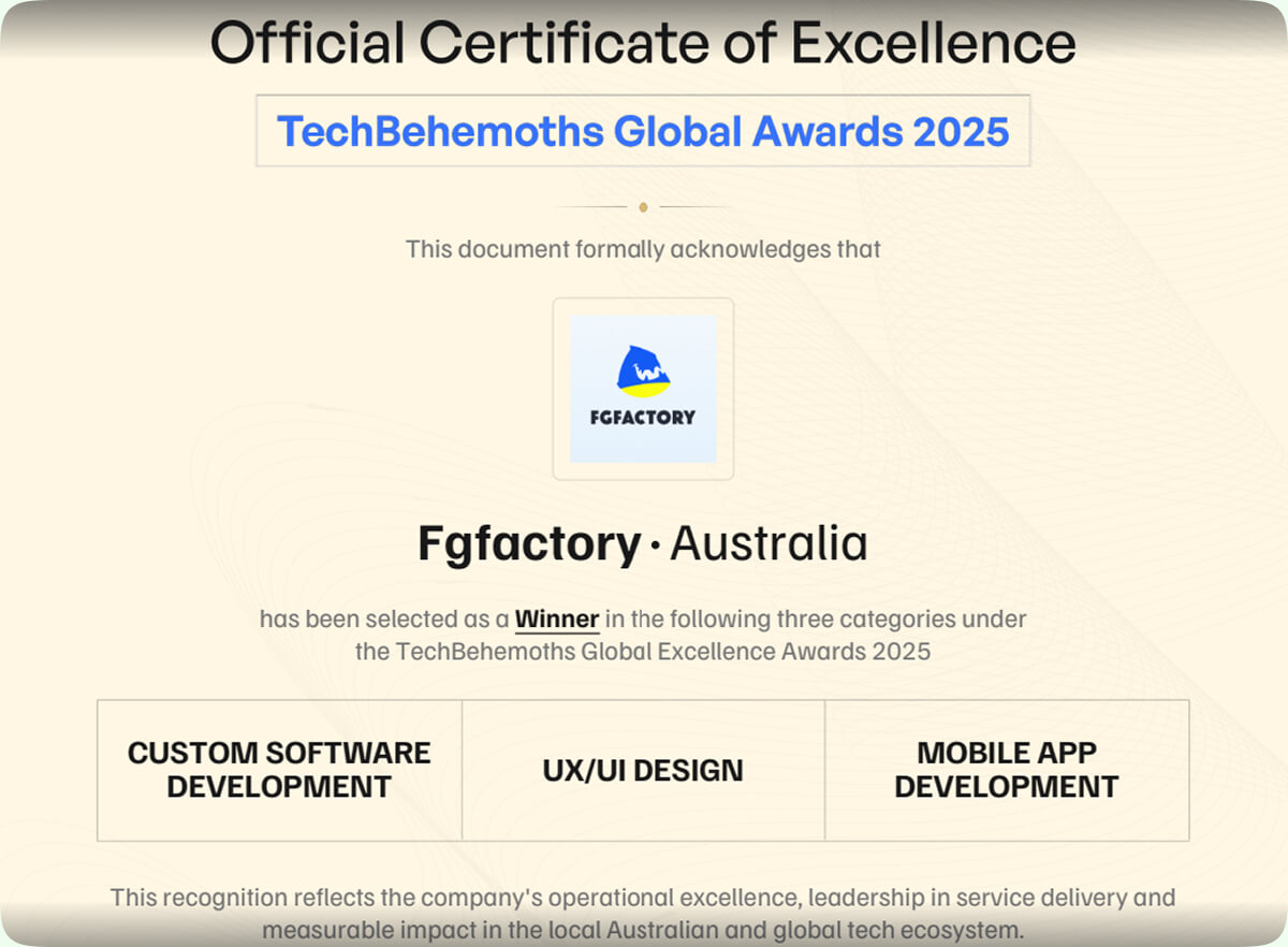 Fgfactory Australia TechBehemoths Official Certificate of Excellence