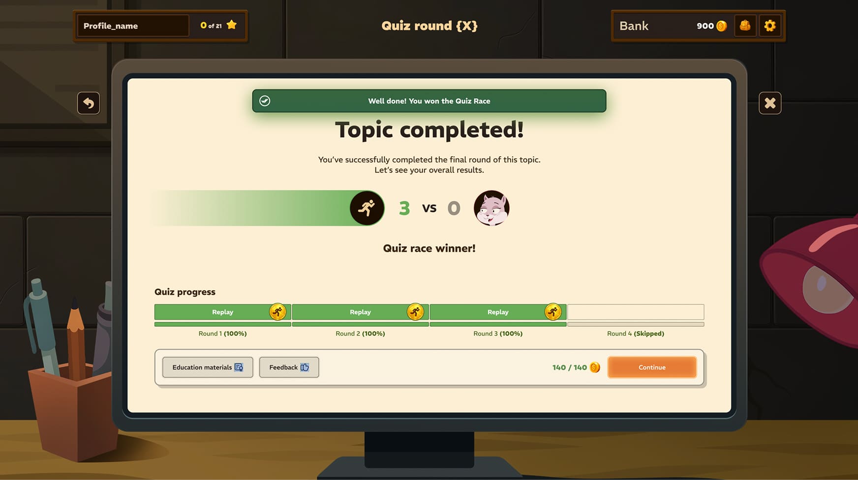 Quiz Race Winner and Topic Completion
